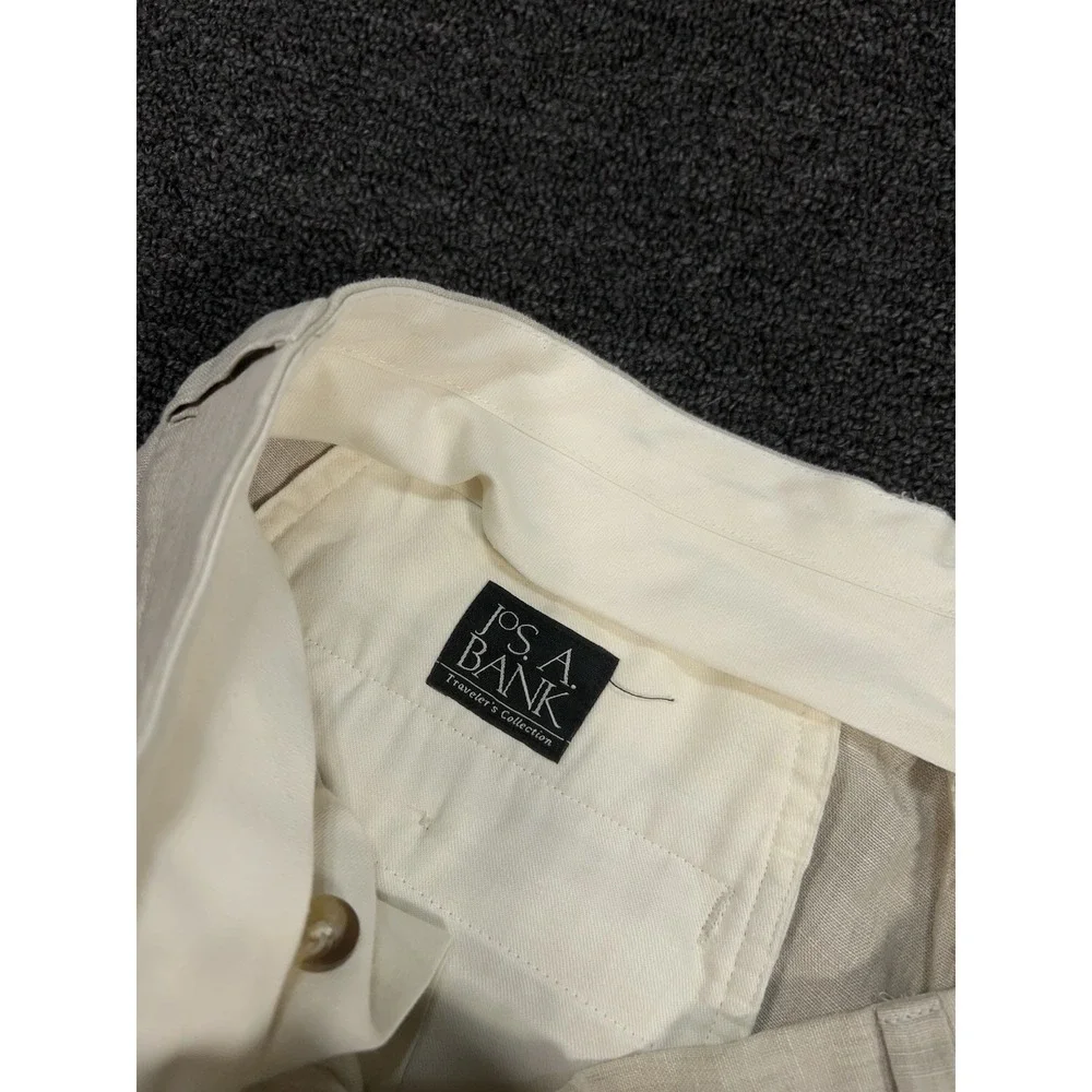 Jos A Bank Dress Pants Men's 36x26 Beige 100% Linen Pleated Cuffed Preppy‎